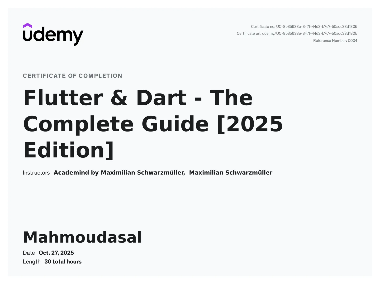 Udemy Flutter & Dart Certificate